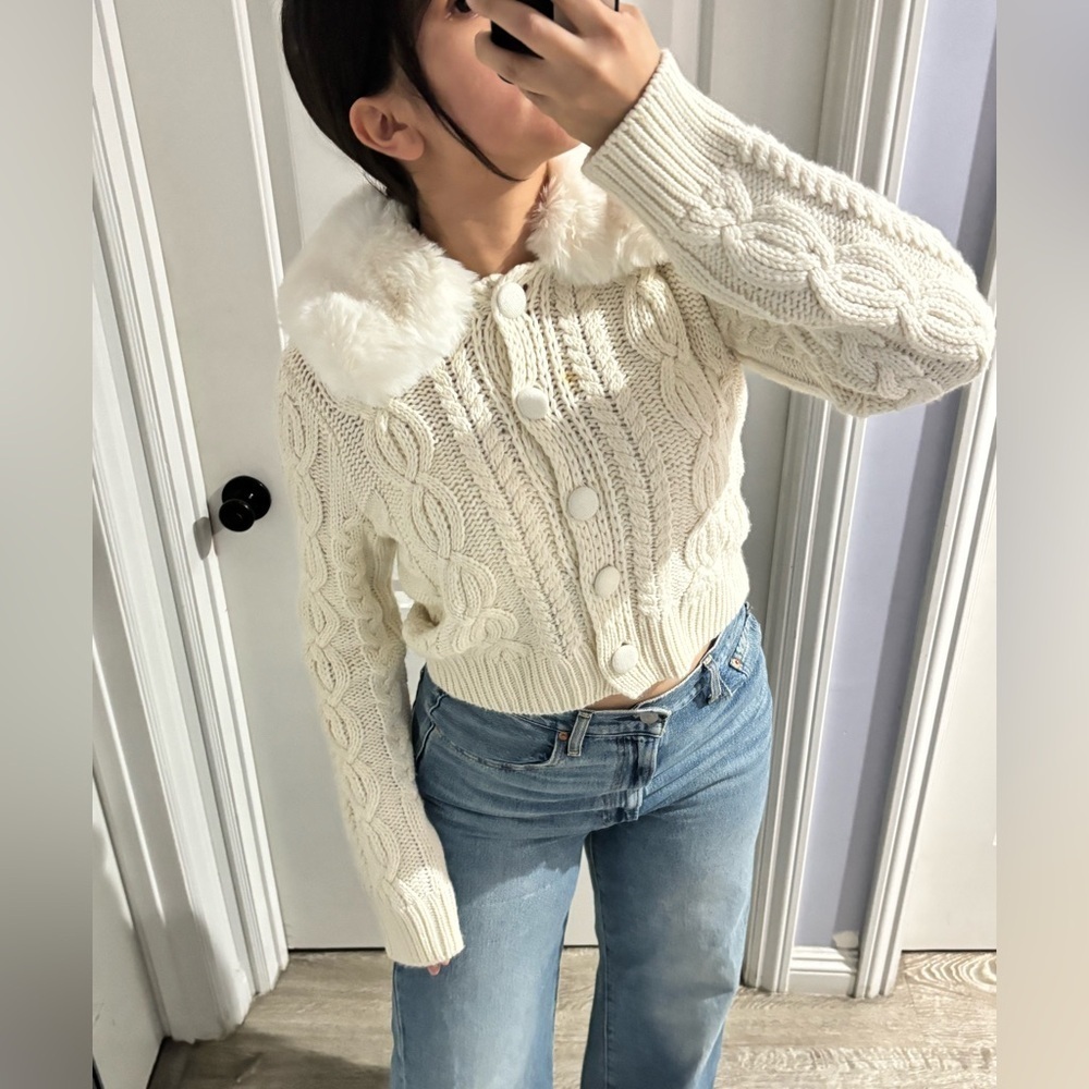 AQUA White/Cream Faux Fur Collar Cardigan - 100% Exclusive | Bloomingdale's